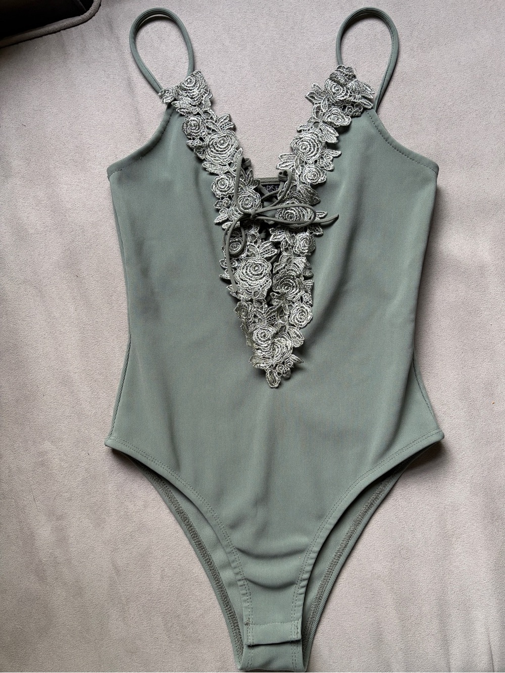 Topshop Sage Green Lace-Trim V-Neck Bodysuit
